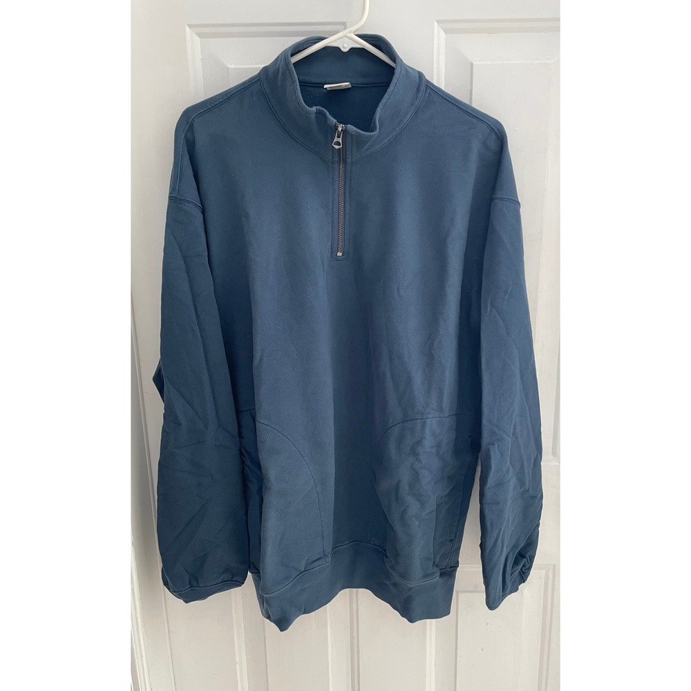 J. Crew Men Quarter Zip Sweatshirt Slate Blue Mock Neck Flag Logo